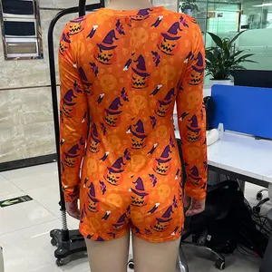 Women Fashion Halloween Pajamas Jumpsuits  Pumpkin Print V Neck Long Sleeve Slim Shorts Romper Holiday Sleepwear Loungewear