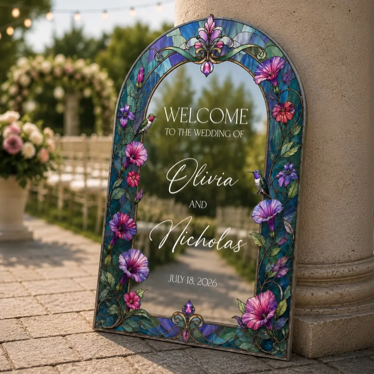 Morning Glory Stained Glass Wedding Welcome Sign — Hummingbird Arch