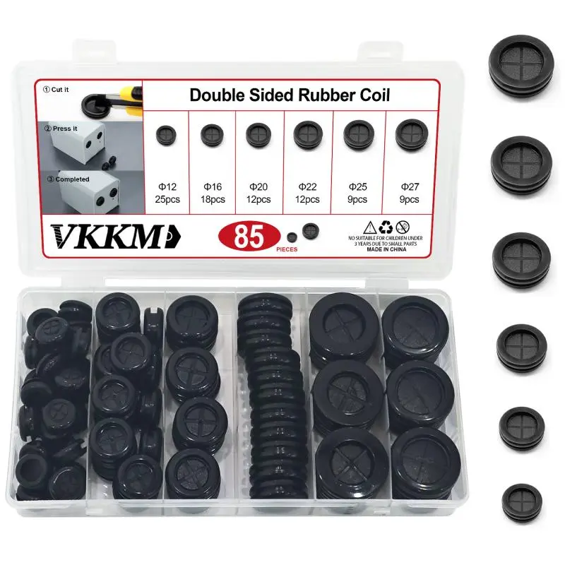 VKKM Multi-Size Double-Sided Rubber Grommet Assortment Kit, 85Pcs 6 Sizes (12/16/20/22/25/27mm) for Wire Protection, Metal Panel Hole Sealing, Wiring Through-Hole