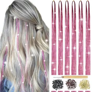 Hair Tinsel Kit with Tools  Tinsel Hair Extensions 6 Count 1200 Strands Heat Resistant Glitter for Women Girls