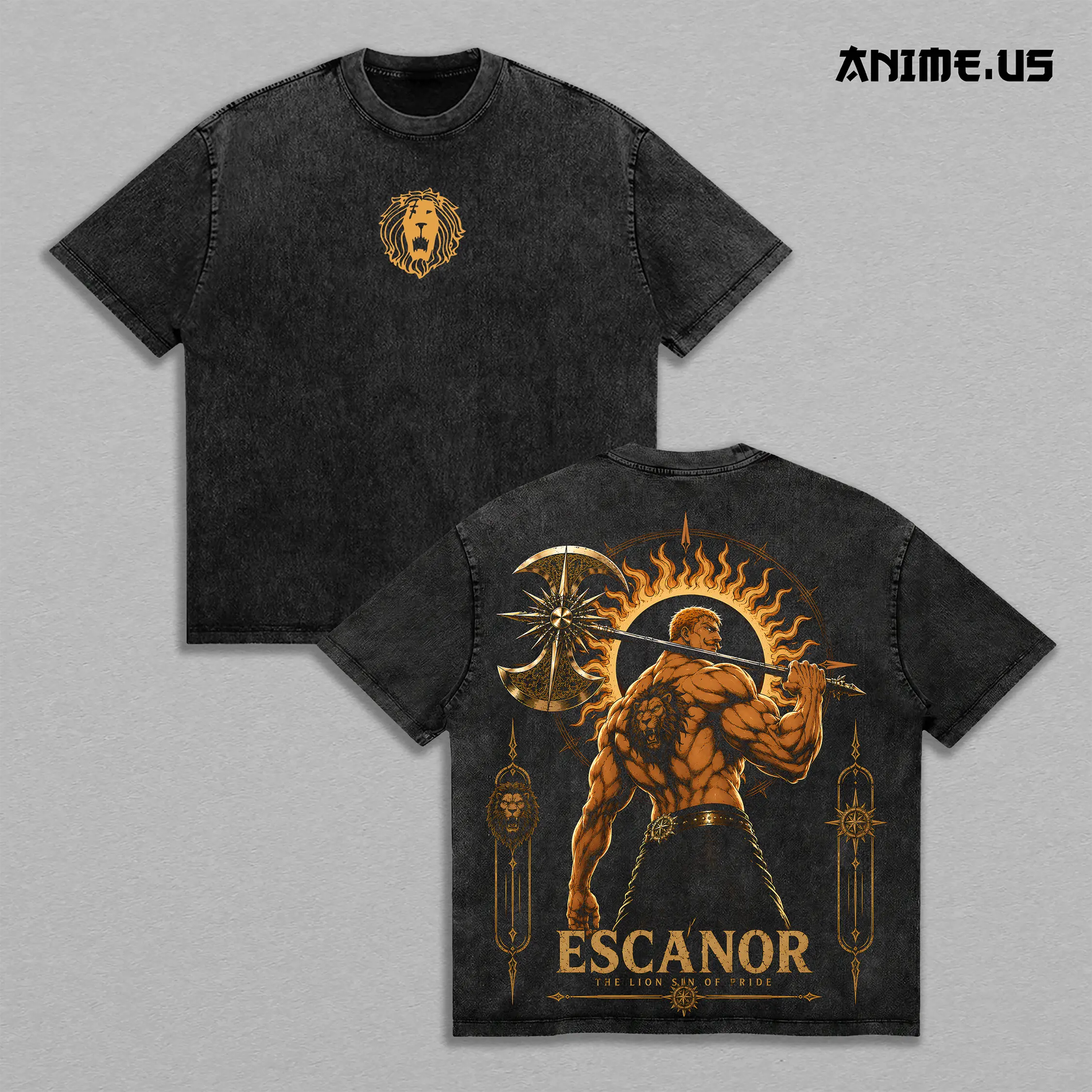 Escanor The Seven Deadly Sins Lion Sin of Pride Divine Axe Rhitta Vintage Washed Heavyweight Cotton T-Shirt Double Sided Graphic Oversized Streetwear Tee Gift for Anime Fans