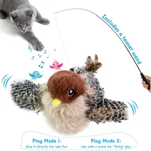 Cat Toys Flapping Bird(with a retractable pole), Lifelike Chirping Cat Kicker, Rechargeable Touch Activated Interactive Kitten Toy