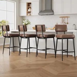 Modern Brown Faux Leather Bar Stools Set of 4 – 26" Counter Height Chairs with Backrest – Sturdy Metal Legs – Ideal for Kitchen Island, Dining Room, Home Bar – 2 Sets