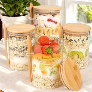 Glass Food Storage Container with Wooden Lid & Spoon, 4 Counts/set Overnight Oats Jar with Marker Pen, Dust-proof Cereal Coffee Container for Home Kitchen, Utensils, Canister, Glass Storage Containers