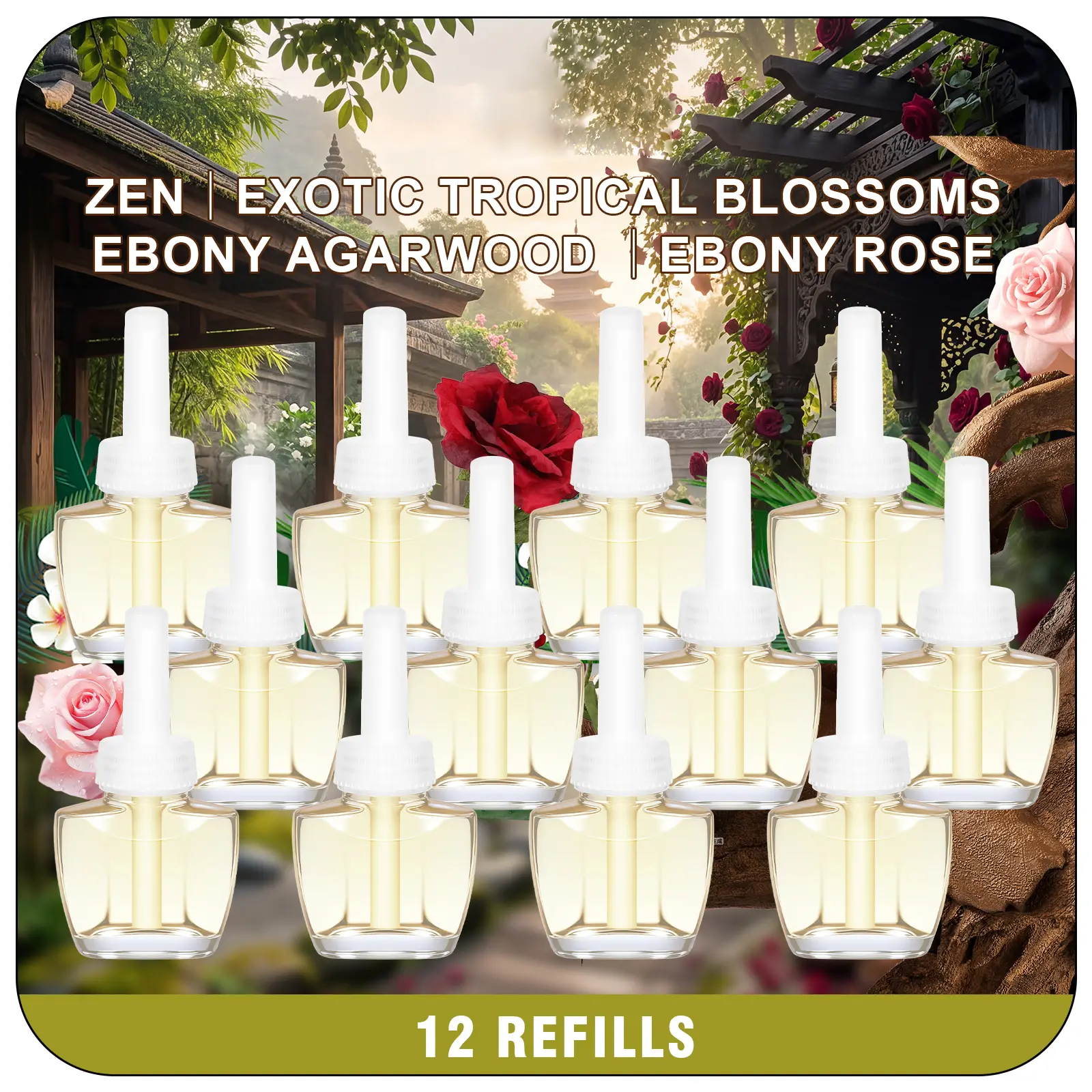 Plug In Home Fragrances Refills (12 Pack) - Aroma Blend Scented Warm Incense for Indoors, Soothing Zen, Tropical Floral, Ebony Agarwood, Ebony Rose, Maintains Freshness, Compatible with Air Wick & Glade, Living Room Use, Room Scents