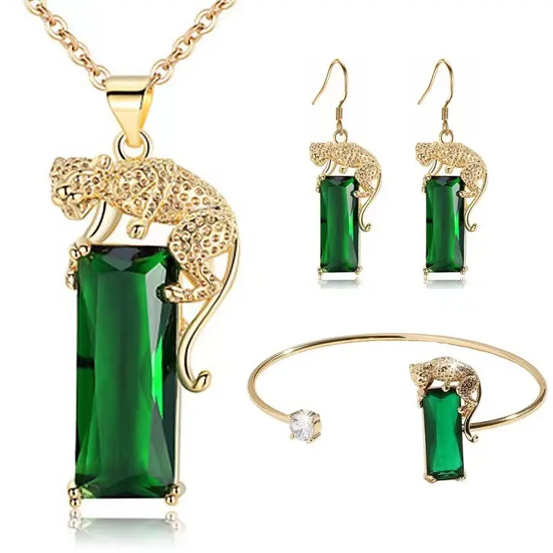 Women's Basic Adjustable Gold Leopard Costume Jewelry Set - Adjustable Chain, Emerald-Cut Green Crystal Drop Earrings, Bangle, Necklace for Birthday Daily Wear, Gift-Worthy Accessory