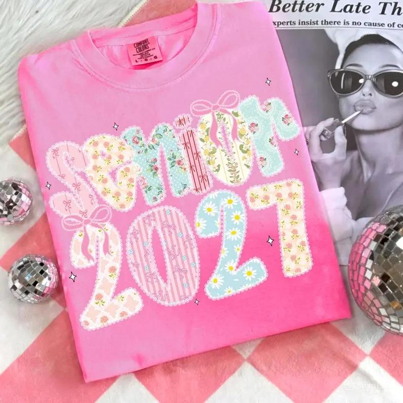Comfort Colors Senior 2027 Shirt, Coquette Lace Floral Graphic Tee, Class of 2027 Graduation T-Shirt, High School Senior Gift