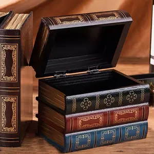 Retro wooden fake bookcase storage box is suitable for desk decoration with square storage box with flip cover, and wooden multi-decorative cover is used to store stationery, pens and business cards.