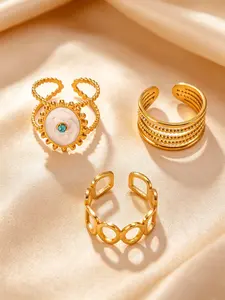 18K Gold Tone Plated 3PCS Open Ring Set, Hypoallergenic Tarnish Resistant, Turquoise & Shell Accent, Boho Stackable Rings for Women, Perfect for Daily Wear & Gifting