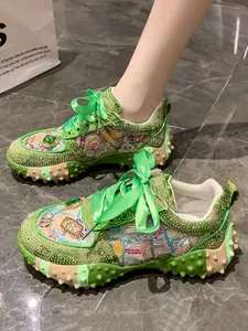 2026 New Women's Thick Sole Rubber Dad Shoes, Rhinestone Embroidered Unique Design, Hand-Embedded Rhinestones Fashion Luxury Athletic Casual Sneaker Trainer Walking Shoes, Sports Shoes