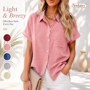 Yodutry|Blend Button-Down Shirt Rolled Short Sleeve Casual Blouse  Oversized Collared Work Top  Chest Pocket Linen Shirt Breathable Summer Office Blouse Side Slit Relaxed Fit TopVersatile Everyday Linen Shirt