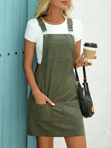 Women's Solid Color Fitted Pocket Adjustable Overalls Dress without Inner Top, Casual Sleeveless Overalls Dress for Daily Wear, Ladies Clothes for All Seasons