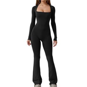 QINSEN low neckline Jumpsuits for Women Square Neck Wide Leg Full Length Romper Playsuit