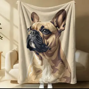 Cartoon Cute French Fighting Dog Single-Sided Printed Blanket, Soft Nap Blanket, Suitable For Bedrooms, Sofas, And Offices, Suitable As Gifts And Decorations
