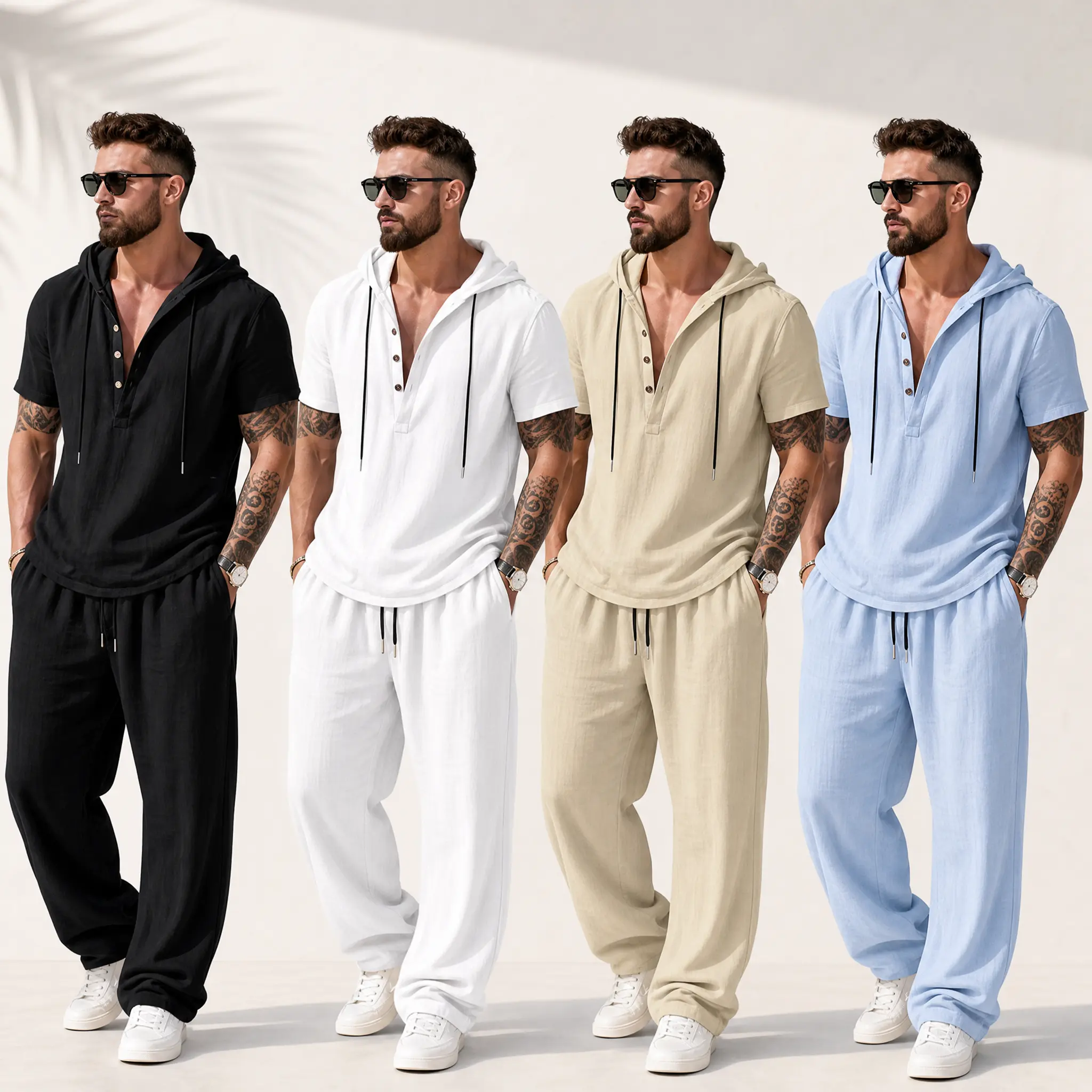 Men's 2-Piece Clothes Set, Classic Linen Fabric Shortsleeve Hooded Henley Top and Loose Drawstring Pants for Summer, Menswear