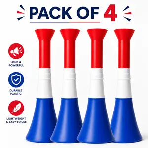 Vuvuzela Horn 8.85 inch each USA - Set of 4 Red, White and Blue Soccer Fan Kit. All occasions, Trumpet, Noisemaker for sports events, parties, fun, noise, soccer. Loud Cheer Noise Maker for Sports, Generador de ruido, events
