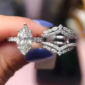 Maxine Vintage Insert 2PC Wedding Ring Set,Jacket Matching Band+2.5ct Marquise Cut Engagement Ring,Travel-Firendly Fashion Jewelry for Daily Wear