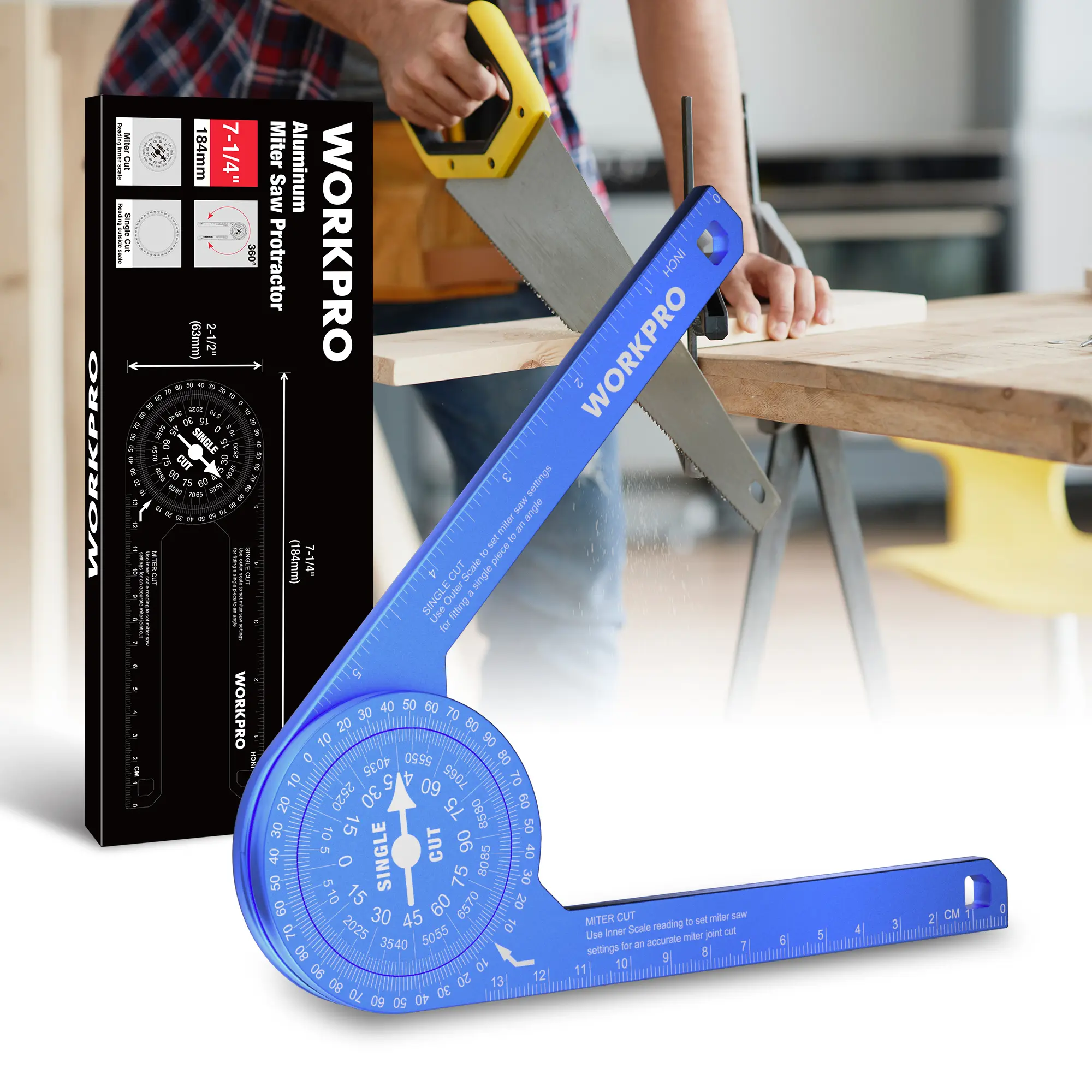 #fathersdaygift WORKPRO Aluminum Miter Saw Protractor, 7.3 Inch Angle Finder Featuring Precision Engraved Scales for Inside and Outside Corner, Carpenters, Plumbers and All Building Trades, 360° Rotation, Blue