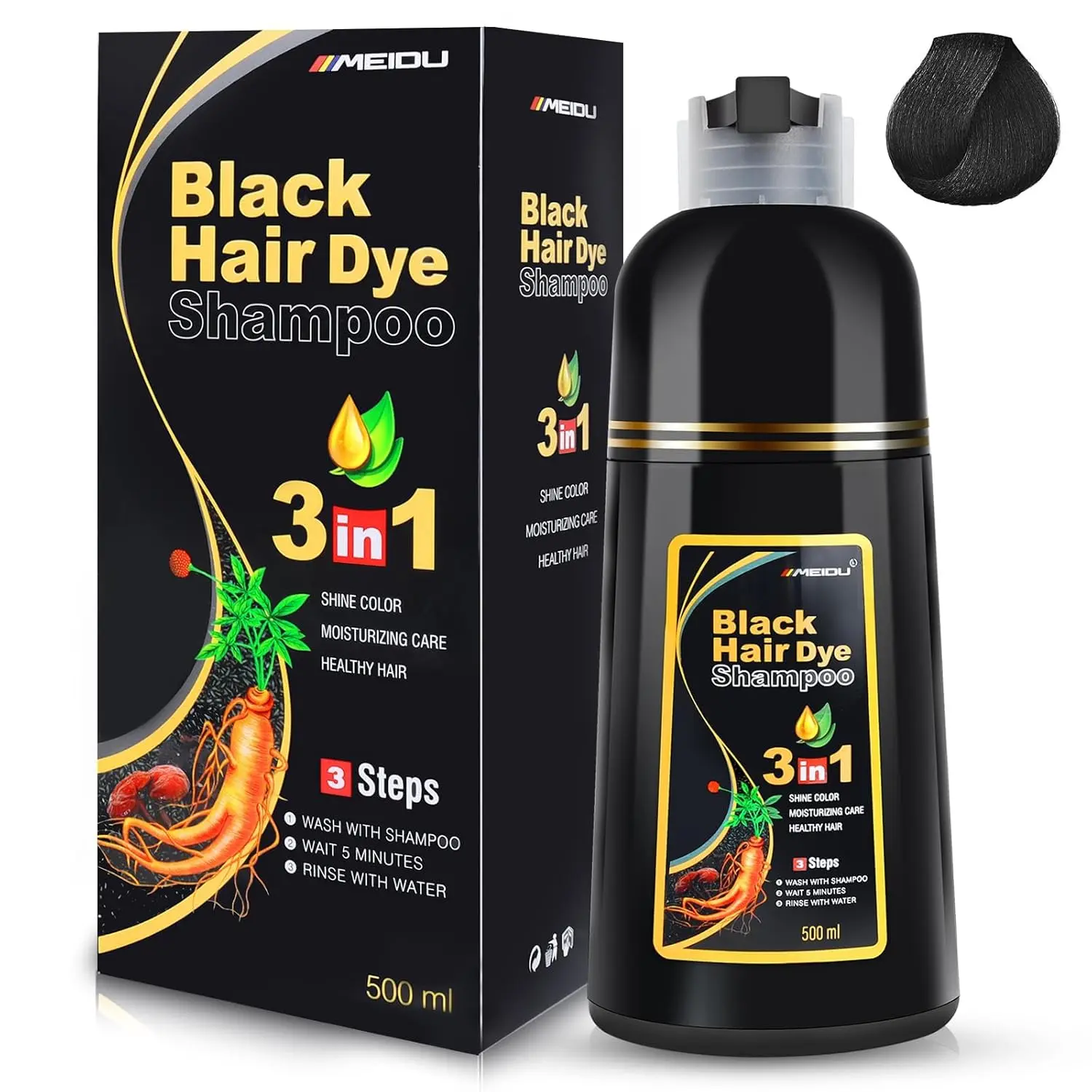 MEIDU 3-in-1 Herbal Hair Dye Shampoo with Ginseng Extract - Salon-Grade Plant Haircare, Gray Coverage, No Bleach At-Home Hair Color, Semi-Permanent Coloring Shampoo, Brown Dye