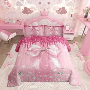 Cute Bowknot Bedding Set Glitter Diamond Print Comforter Cover Bling Party Decorations Duvet Cover Princess Ribbon Decor Dark Pink Quilt Set