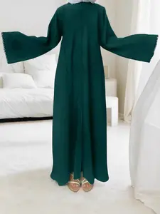 Elegant Women's Casual Loose-Fit Long Modest Style Dress with Zipper Design, Plain Color Woven Fabric, All Seasons Fashionable