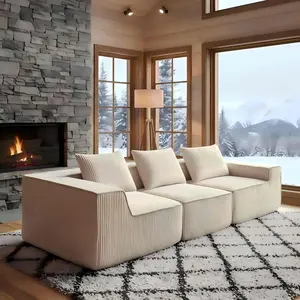 Modular 3-Seat Boneless Sofa, Cloud Sectional Couch with Deep Seat, Modern Modular 3-Seat Couch with Throw Pillows, Corduroy Fabric, No Assembly, for Living Room, Apartment, Beige