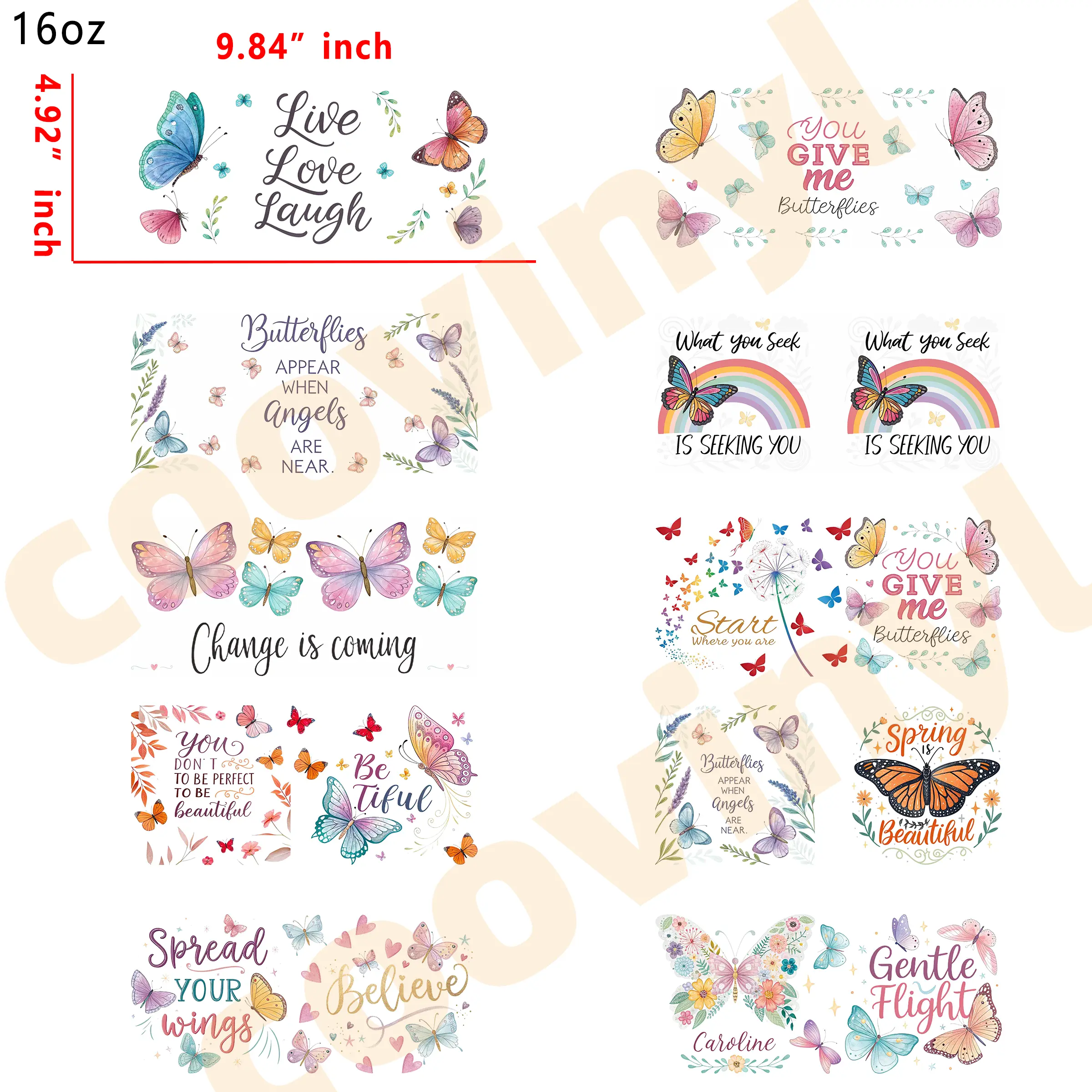 (J11) Holographic 10pcs Butterfly words UV DTF Cup Wraps for 16OZ tumblers Waterproof Acrylic Wraps for Cups Glasses &Smooth Objects Vivid Colors Strong Adhesion CustomizableStickers Decal Sticker Art Crafts Kit