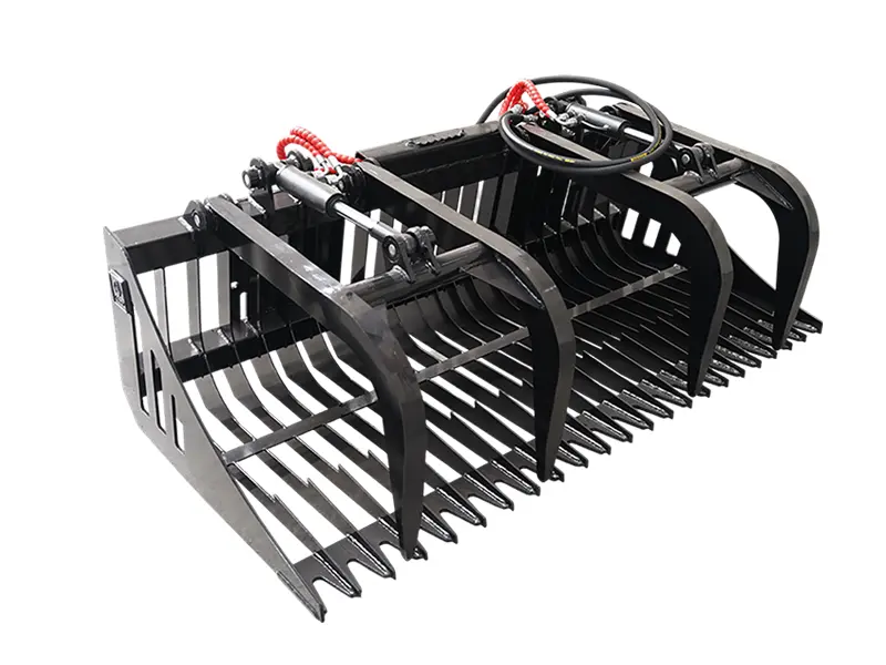 72" Light Duty Skid Steer Rock Bucket, Quick Attach Versatile Attachment - 72x39x26", 1/2" Tines, 3/8" Bucket Body, Log Handling, Strong Twin Cylinder, Dual Independent Grapple Arms, Grease Fittings on Pivot Points