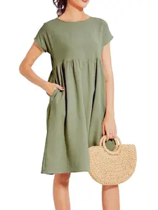 2026 Women  Summer Cotton Linen Breathable Solid Gauze Dress Loose Casual Beach Vacation Flowy Midi Dress with Pockets Womenswear