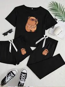 Three-Piece Pajama Set for Women, Heart and Capybara Print, Casual Fitted Sleepwear, Loungewear, All Seasons Comfortable Nightwear, Pyjamas, Pjs, Womenswear