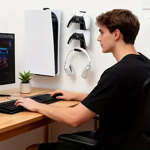 PS5 Wall Mount Kit, Wall Mounted Holder, Organizer, Metal Wall Bracket with Anti Slip Rubber Pads and Storage Hooks, Space Saving Wall Mount Compatible with PS5 Pro, Slim and Original, Holder for Gaming Room and Home Entertainment Setup