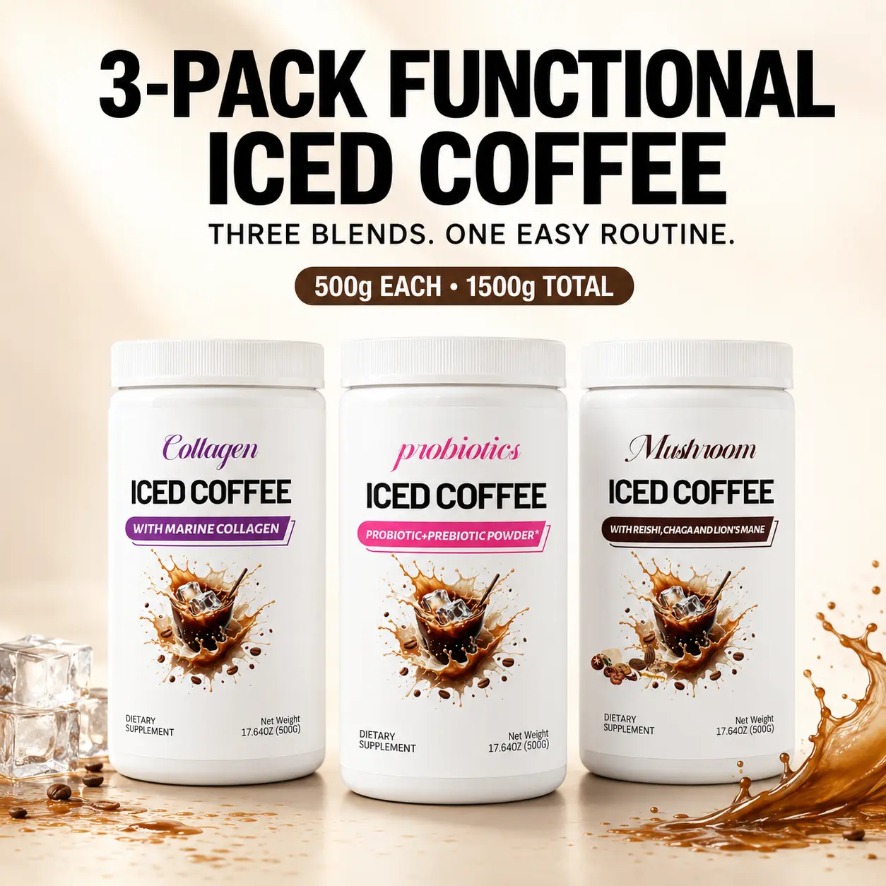 3 Pack Functional Iced Coffee Bundle – Probiotic + Prebiotic, Marine Collagen & Mushroom Coffee Powder, 500g Each