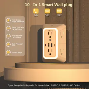 Wall Outlet Extender Surge Protector - 6 AC Outlet  with 4 USB Ports (2 USB C), 3 Sided Multi Plug Wall Adapter Power Strip for Home Office Kitchen Travel（Multiple specifications are available）