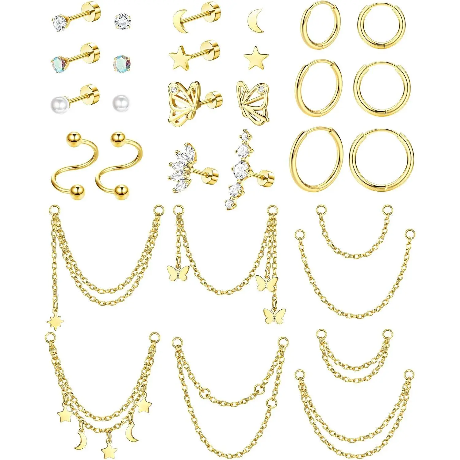 ZELORES Women's 20G Stainless Steel Adjustable Jewelry Cartilage Earrings Set, Flat Back Studs, Huggie Hoops, Chain & Butterfly Charms for Helix, Tragus Piercings