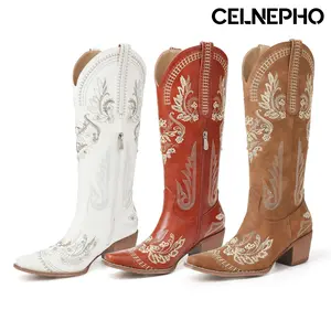 CELNEPHO Women Cowboy Boots Pointed Toe Rhinestone Vintage Embroidered Chunky Block Heel Side Zipper Retro Knee High Boots Western Pull on Tabs Riding Party Spring Festival Fashion Tall Boots