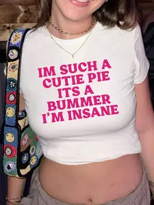 Women's Letter Print Short Sleeve Crew Neck Crop Tee, Casual Cute Streetwear Style Round Neck Cropped T-shirt for Daily Wear, Ladies Clothes for All Seasons, Top