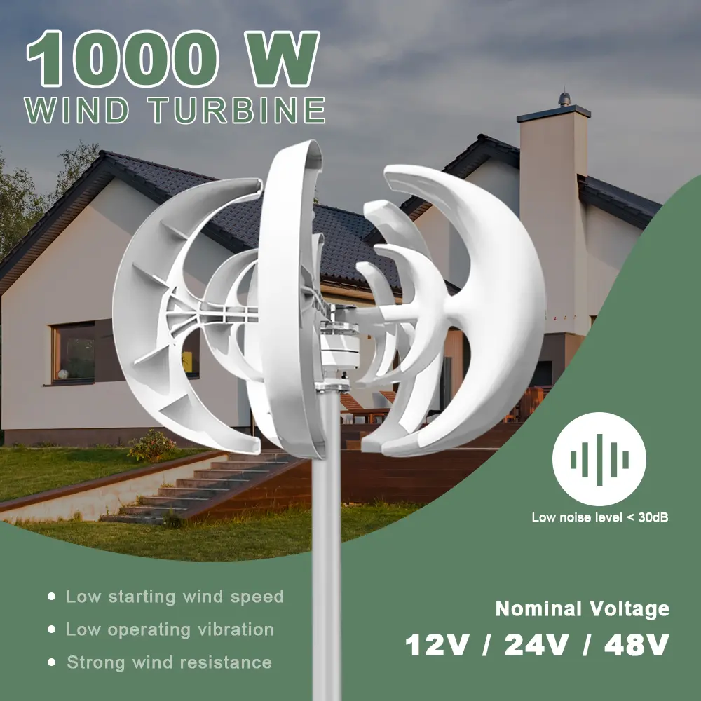 SMARAAD Household Wind Turbine 1000W 12V 24V 48V Wind Turbine Generator White Lantern Vertical Wind Generator 5 Blades Wind Turbine Kit With MPPT Controller High-Power campingessentials