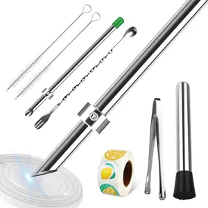 8 count Set Kit,Include 2X 316 Stainless streel Straw Puncher for Plastic Lids,1x Lemon Stickers Roll,1x Ice Tong,1x Muddler,1x Mixing Spoon and 2X Straw Brushes,Lemonade Muddler and Straw Puncher Set