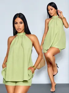 Elegant Casual Beach Vacation Two-Piece Set for Women, Mint Halter Top with Asymmetrical Hem and Matching Shorts, Spring Summer Womenswear Fashion