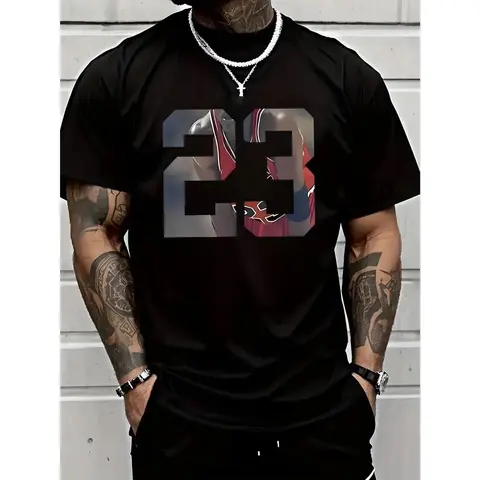 Men'S 23 Graphic Printed T-Shirt, Casual Short-Sleeved Round Neck T-Shirt, 100% Cotton, Round Neck, Casual And Fashionable, Trendy And Versatile, Comfortable And Breathable, Machine Washable, Suitable For All Seasons
