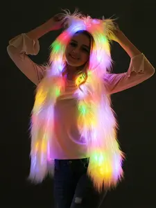 Women's LED Light-Up Faux Fur Vest Cat Ear Hooded Sleeveless Outerwear, Party Fashion Jacket for Night (Without Batteries)