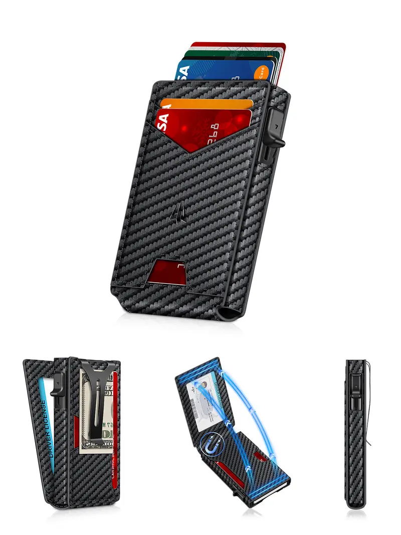 Wallet for Men Slim Minimalist Wallet with Money Clip ＆ ID Window RFID Blocking Pop-Up Credit Card Holder Smart Auminum Mens Wallet Holds 9-13 Cards, Front Pocket Bifold Christmas Gift For Men