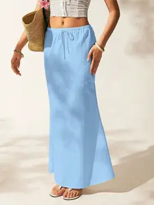 A women's light blue linen-textured high-waist drawstring straight long Maxi skirt, Basic, with a fresh and relaxed style, suitable for casual settings that prioritize comfort, such as seaside vacations, city strolls
