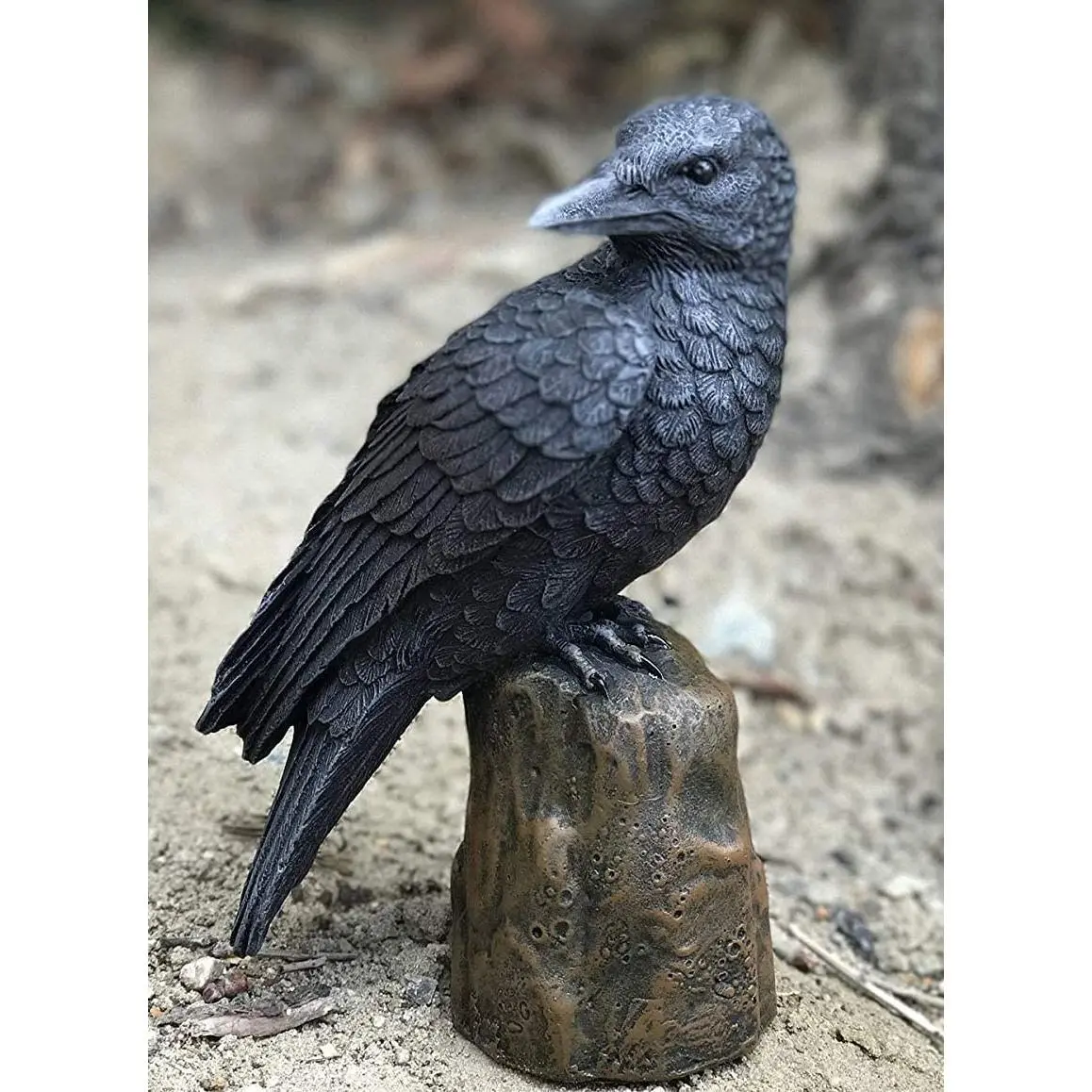 Ebros Spooky Taxidermy-Style Dark Raven Crow Scavenger Bird Sculpture, 6"H Perching On Tree Stump Halloween Statue, Home Decor Figurine & Miniature Home Supply