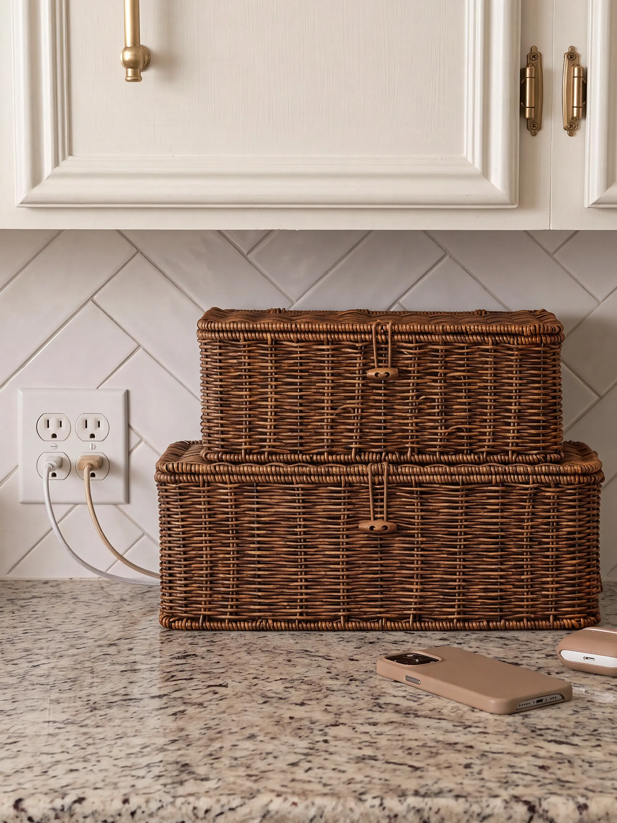 BROWNLILY Handwoven Rattan Cable Management Box and Wicker Cord Organizer with Lockable Lid, Decorative Cable Hider for Power Strips, Under Desk, TV Stand, Home Office and Toilet Tank, Faux Rattan Basket