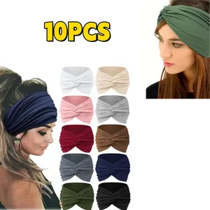 Women's African Style Solid Color Knot Headbands (10pcs/Set) - Bohemian Retro Elastic Sweat Wicking Workout Headbands for Adults Female, Soft Nurse Hair Wrap, Christmas Gift