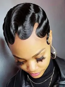 Finger Ocean Wave Pixie Cut Full Machine Made Human Hair Wig Short Hair None Lace Wig Natural Color Lightweight Comfortable for Daily Use Pixie Wigs