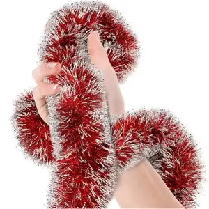 5pcs Christmas Red Frost Tip Tinsel Garland, Christmas Frost Tip Tinsel Garland, 32 Feet Long, Silver Metal Fringe, Ceiling Hanging Decorations, Indoor Outdoor Disco Party Supplies