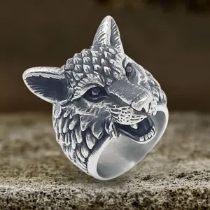 GTHIC Punk Viking Wolf Head Stainless Steel Viking Ring Norse Animal Jewelry Accessories for Daily Wear