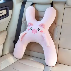 Cartoon Animal Car Neck Pillow with Safety Belt Protector, Soft Travel Seat Cushion for Kids & Adults, Pig Design
